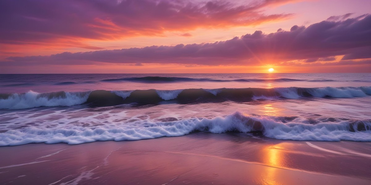 A Vibrant Sunset Over The Ocean With The Sun Dipping Below The Horizon The Sky Is Filled With Shades Of Purple Pink And Orange Creating A Stunning And Dramatic Scene The Waves Are Gently Lapping At The Shore 5 E06a