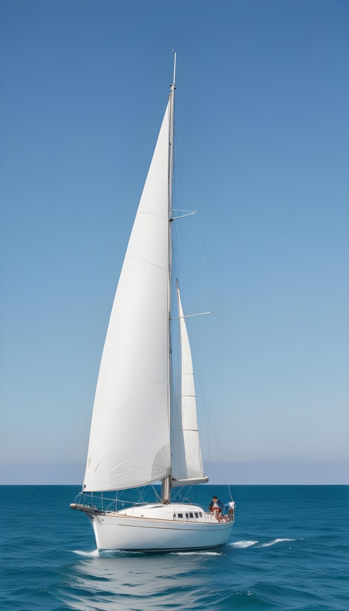 A White Sailboat With A Single Mast And White Sails Gliding Across A Calm Turquoise Blue Ocean Under A Clear Sky 19