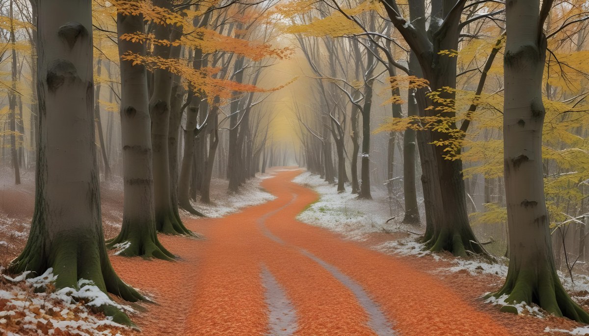 A Winding Road Through A Forest With Bare Trees Covered In Orange And Red Leaves Creating A Vibrant Autumn Landscape With A Misty Atmospheric Feel 10 5ae4