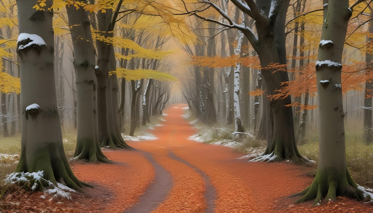 A Winding Road Through A Forest With Bare Trees Covered In Orange And Red Leaves Creating A Vibrant Autumn Landscape With A Misty Atmospheric Feel 2 Cb43