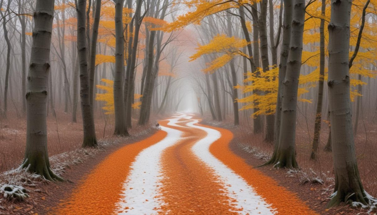 A Winding Road Through A Forest With Bare Trees Covered In Orange And Red Leaves Creating A Vibrant Autumn Landscape With A Misty Atmospheric Feel 2 F9f7