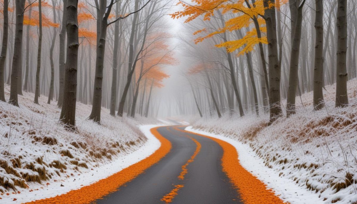 A Winding Road Through A Forest With Bare Trees Covered In Orange And Red Leaves Creating A Vibrant Autumn Landscape With A Misty Atmospheric Feel 3 0155