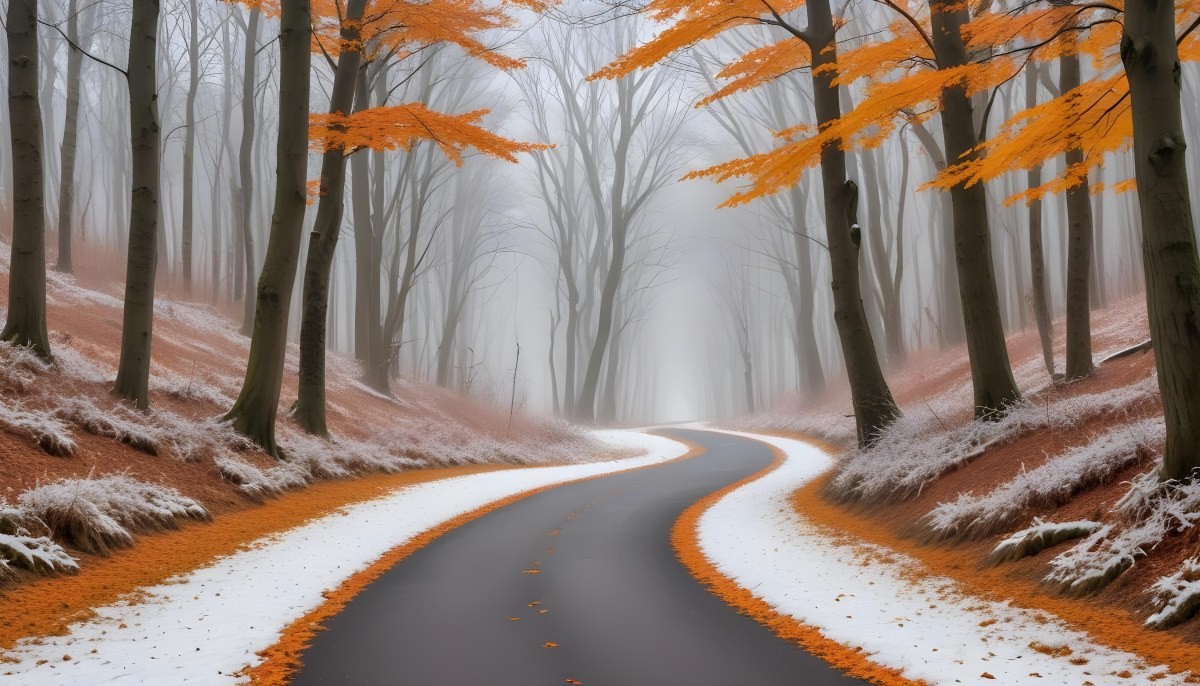A Winding Road Through A Forest With Bare Trees Covered In Orange And Red Leaves Creating A Vibrant Autumn Landscape With A Misty Atmospheric Feel 3 5ebf