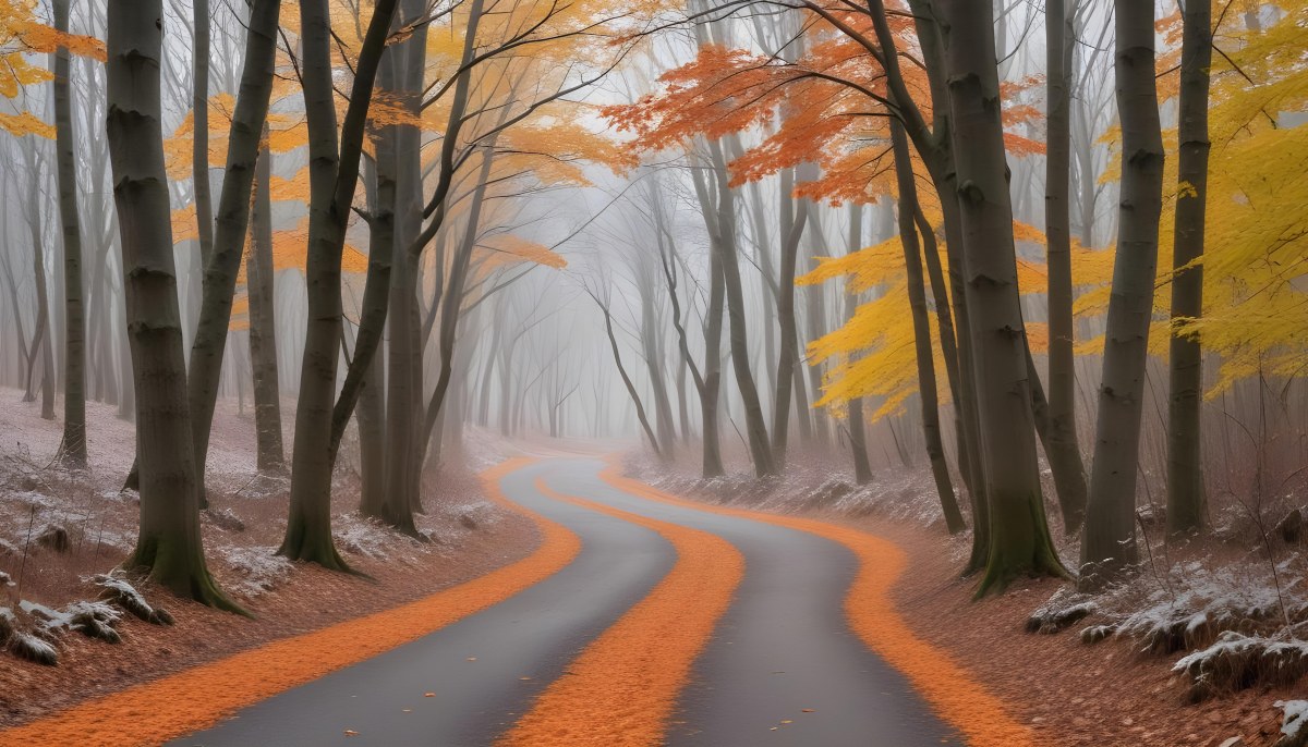 A Winding Road Through A Forest With Bare Trees Covered In Orange And Red Leaves Creating A Vibrant Autumn Landscape With A Misty Atmospheric Feel 4 07d2