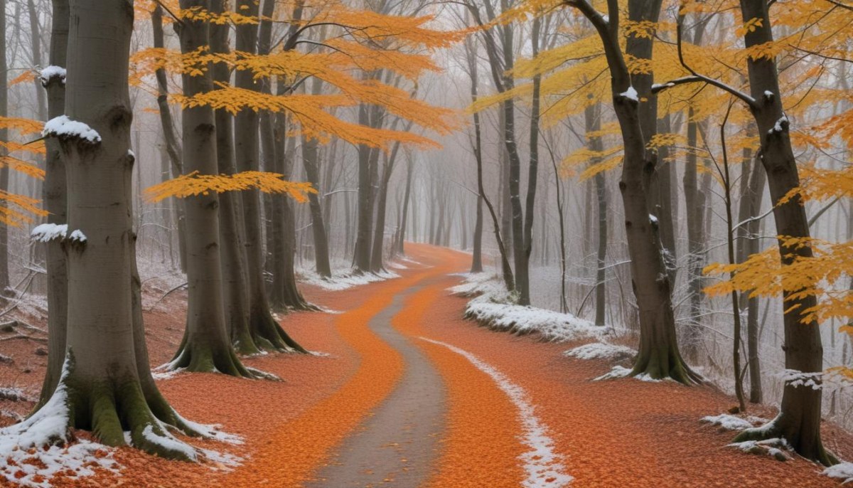 A Winding Road Through A Forest With Bare Trees Covered In Orange And Red Leaves Creating A Vibrant Autumn Landscape With A Misty Atmospheric Feel 4 Bee7