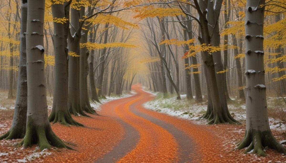 A Winding Road Through A Forest With Bare Trees Covered In Orange And Red Leaves Creating A Vibrant Autumn Landscape With A Misty Atmospheric Feel 6 3e52