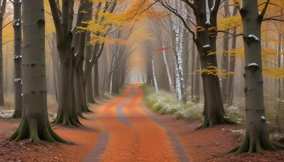 A Winding Road Through A Forest With Bare Trees Covered In Orange And Red Leaves Creating A Vibrant Autumn Landscape With A Misty Atmospheric Feel 6 B679