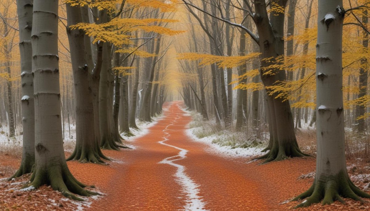 A Winding Road Through A Forest With Bare Trees Covered In Orange And Red Leaves Creating A Vibrant Autumn Landscape With A Misty Atmospheric Feel 7 54d8