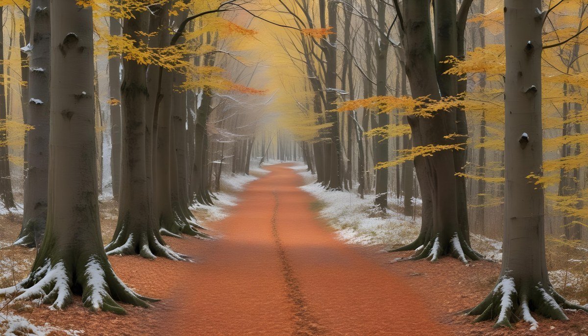 A Winding Road Through A Forest With Bare Trees Covered In Orange And Red Leaves Creating A Vibrant Autumn Landscape With A Misty Atmospheric Feel 7 9113