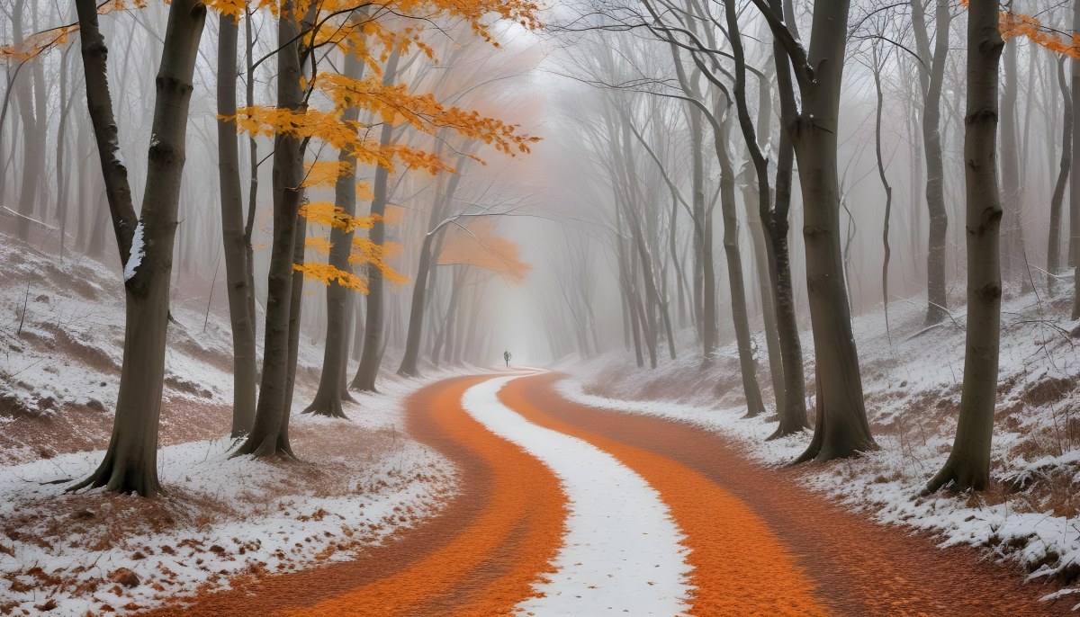 A Winding Road Through A Forest With Bare Trees Covered In Orange And Red Leaves Creating A Vibrant Autumn Landscape With A Misty Atmospheric Feel 8 E288