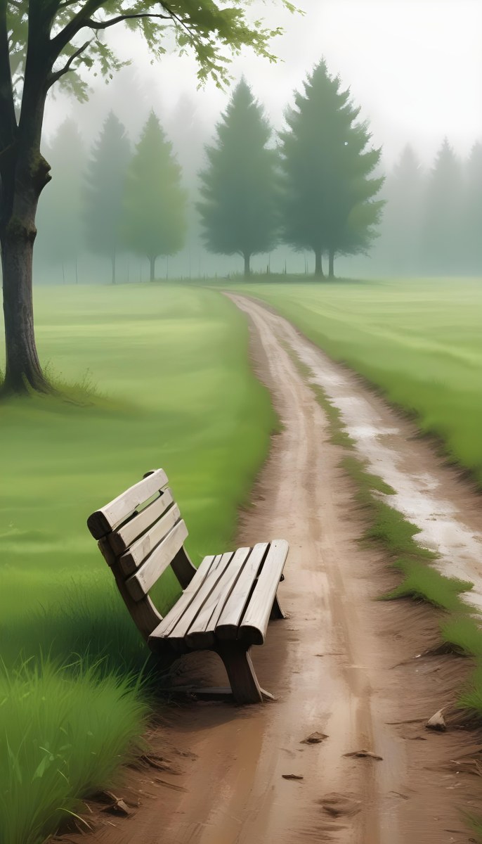 A Wooden Bench On A Green Field Next To A Dirt Road With Trees In The Background On A Foggy Day 10 6fcb
