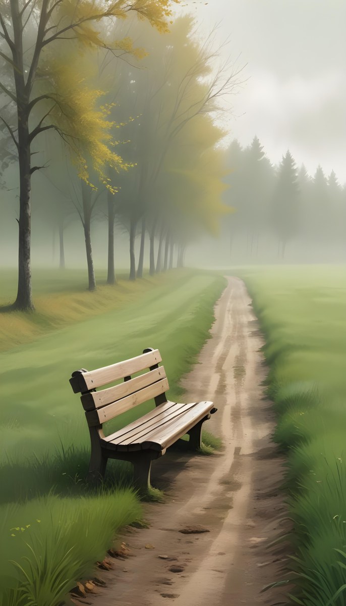 A Wooden Bench On A Green Field Next To A Dirt Road With Trees In The Background On A Foggy Day 11 Fae7