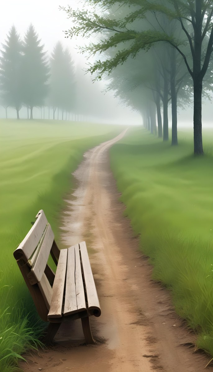 A Wooden Bench On A Green Field Next To A Dirt Road With Trees In The Background On A Foggy Day 15 Ede1