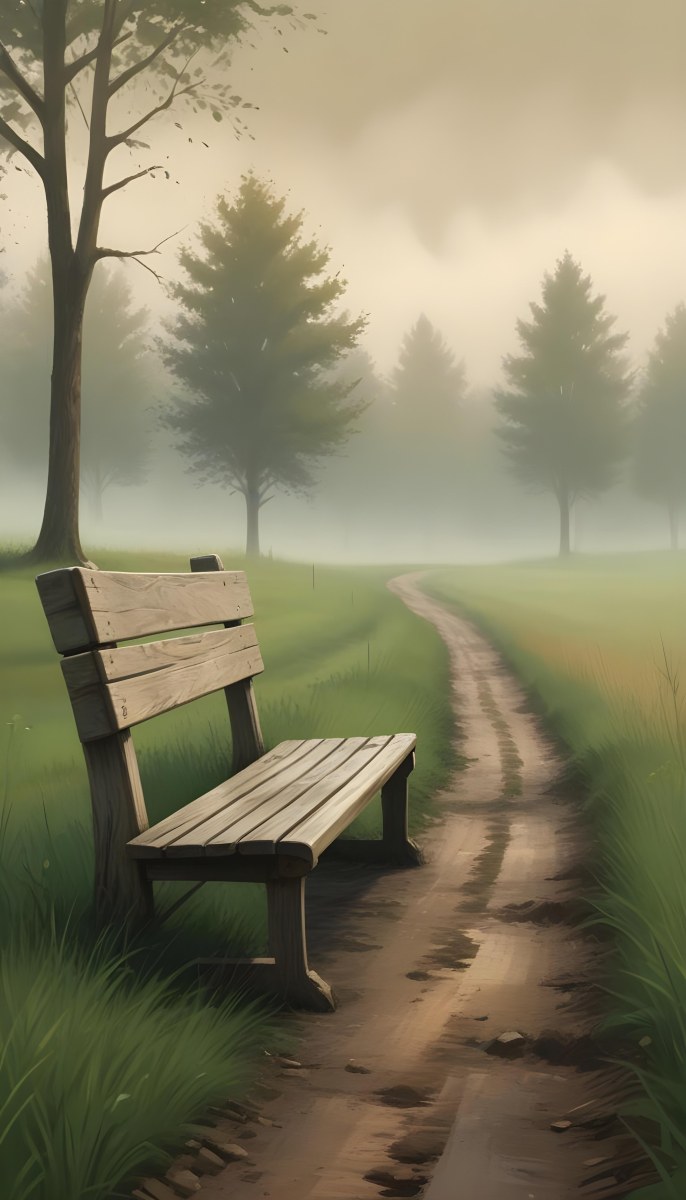 A Wooden Bench On A Green Field Next To A Dirt Road With Trees In The Background On A Foggy Day 2 8841