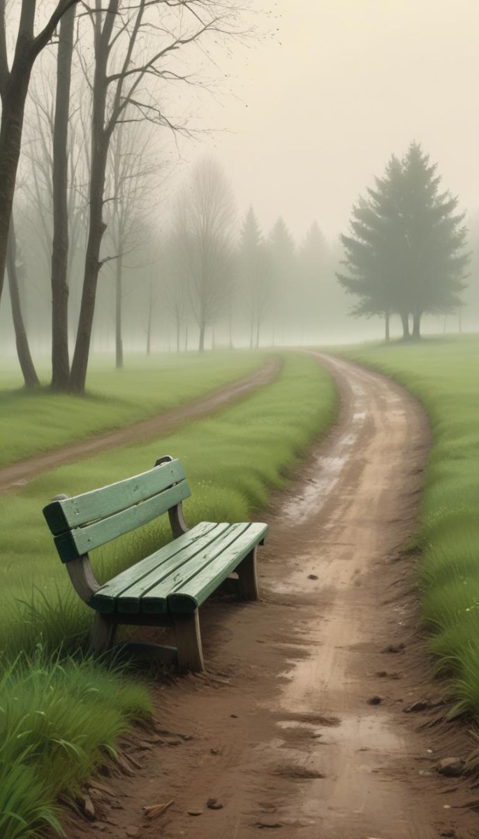 A Wooden Bench On A Green Field Next To A Dirt Road With Trees In The Background On A Foggy Day 20 4e15