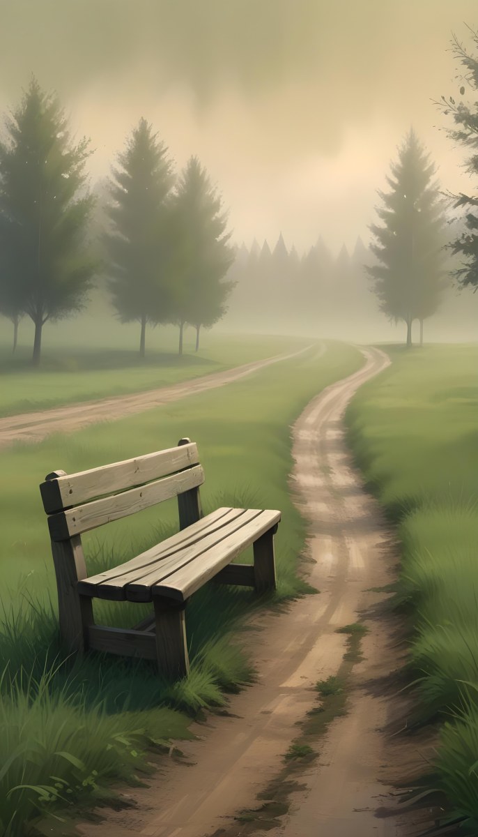 A Wooden Bench On A Green Field Next To A Dirt Road With Trees In The Background On A Foggy Day 24 Edf4
