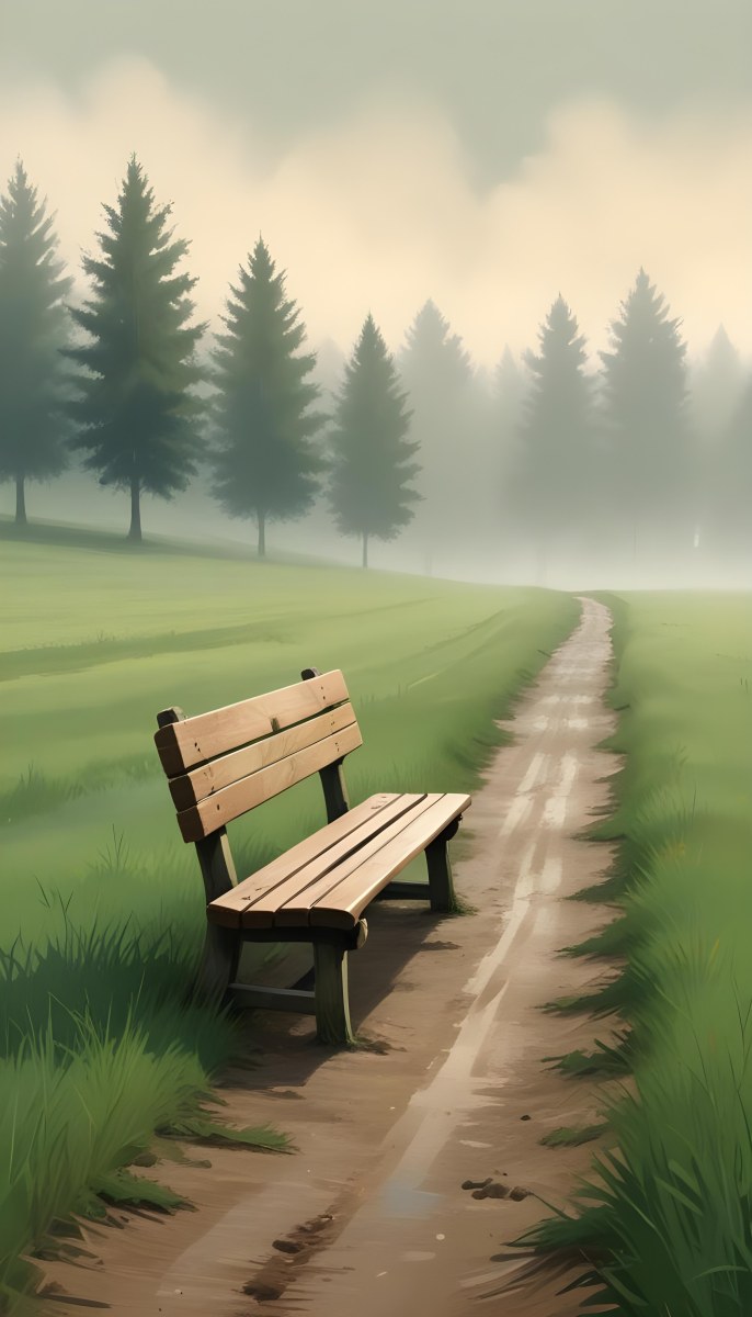 A Wooden Bench On A Green Field Next To A Dirt Road With Trees In The Background On A Foggy Day 3 F9b0