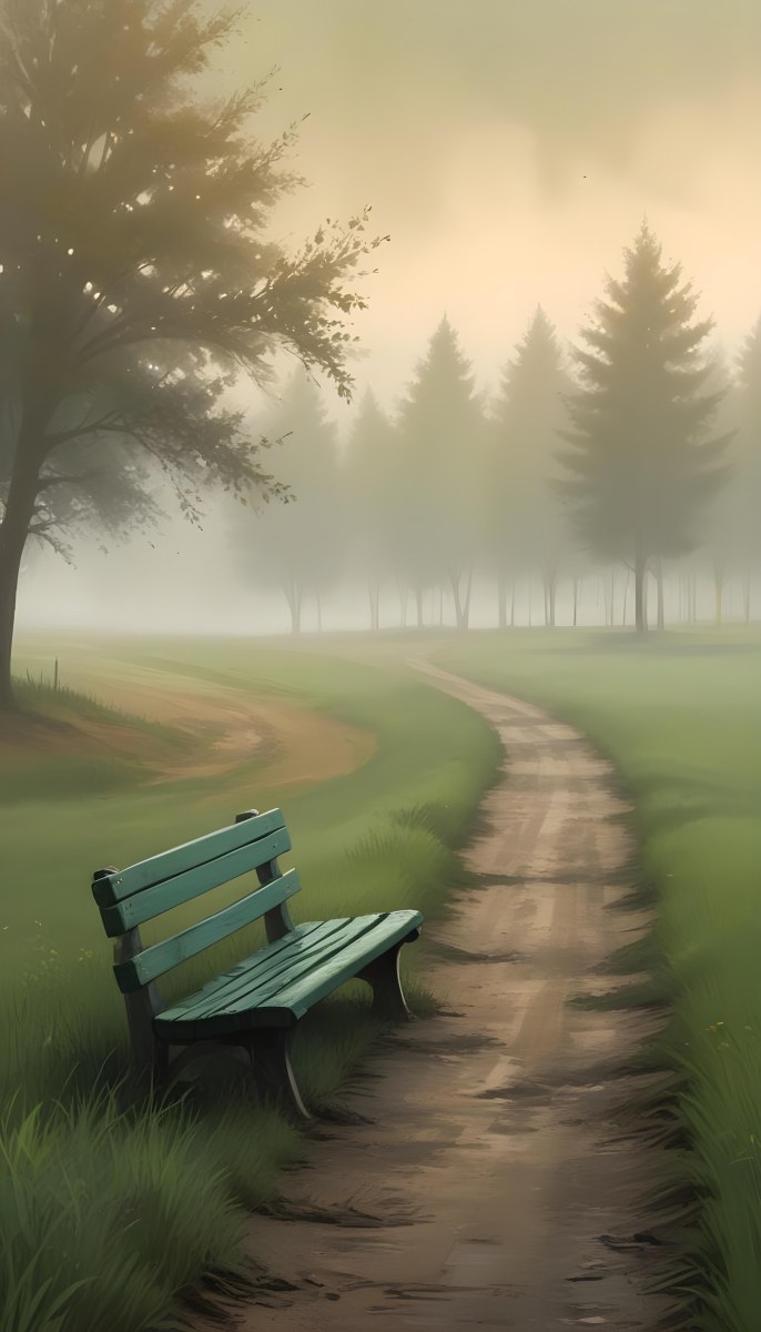 A Wooden Bench On A Green Field Next To A Dirt Road With Trees In The Background On A Foggy Day 30 67e3
