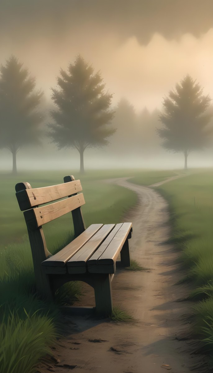 A Wooden Bench On A Green Field Next To A Dirt Road With Trees In The Background On A Foggy Day 31 38d8