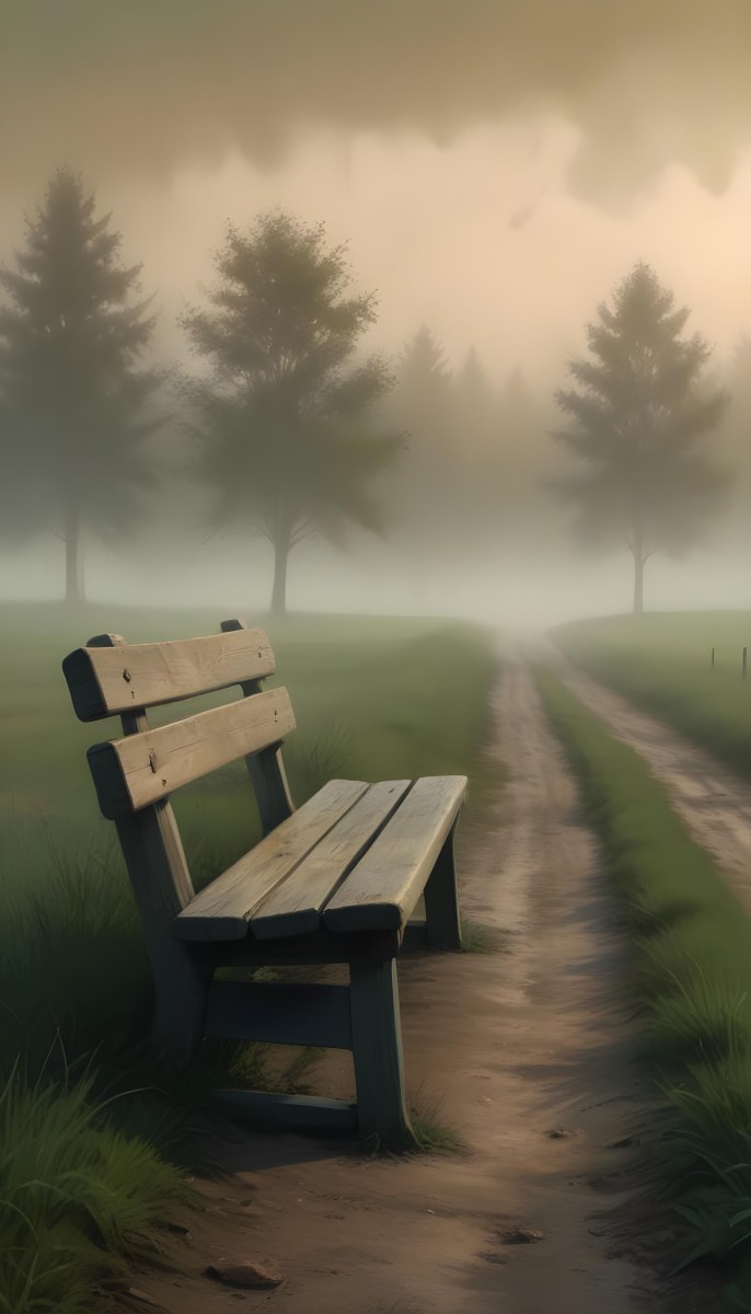 A Wooden Bench On A Green Field Next To A Dirt Road With Trees In The Background On A Foggy Day 33 51ab