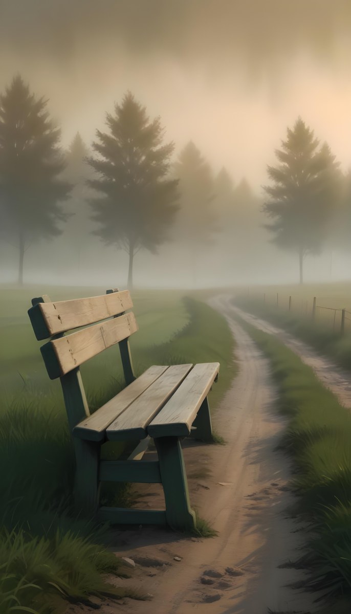 A Wooden Bench On A Green Field Next To A Dirt Road With Trees In The Background On A Foggy Day 34 Bfe6