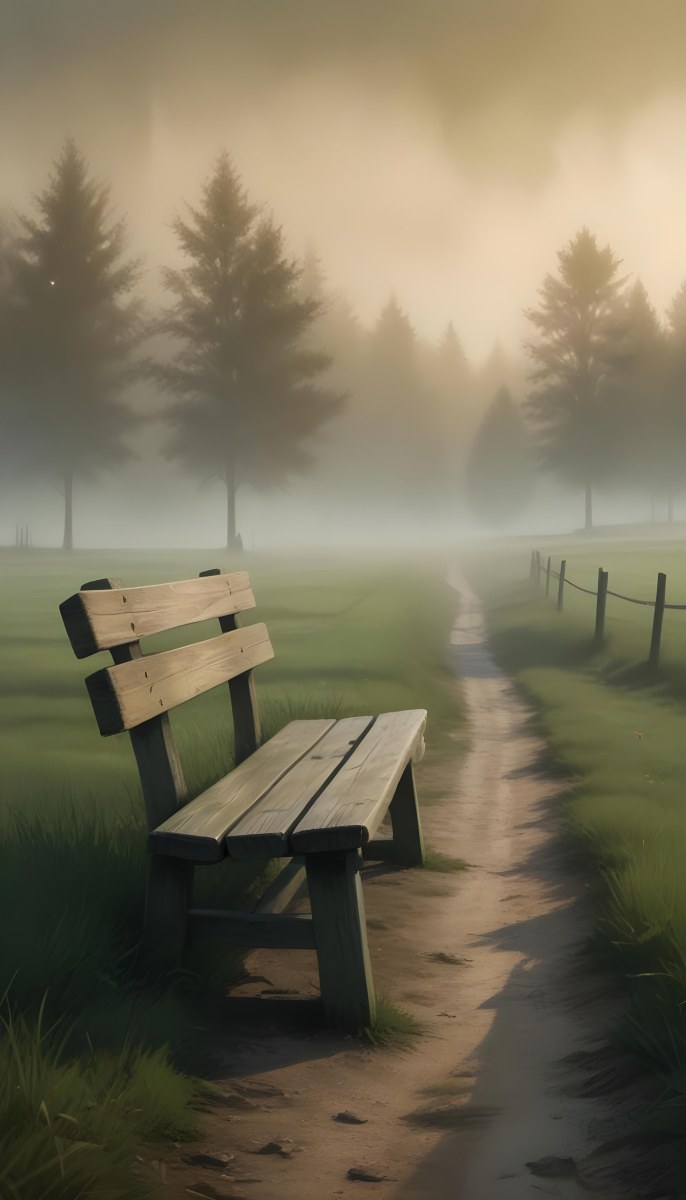 A Wooden Bench On A Green Field Next To A Dirt Road With Trees In The Background On A Foggy Day 4 3469