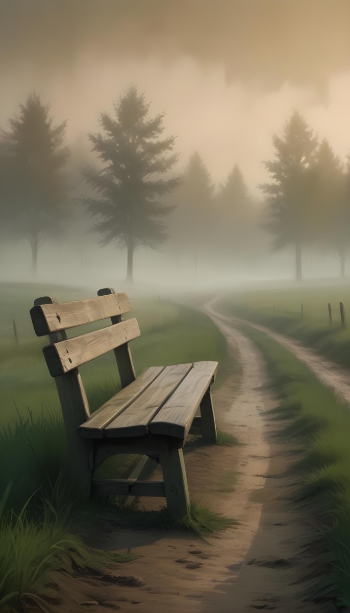 A Wooden Bench On A Green Field Next To A Dirt Road With Trees In The Background On A Foggy Day 5 11a1