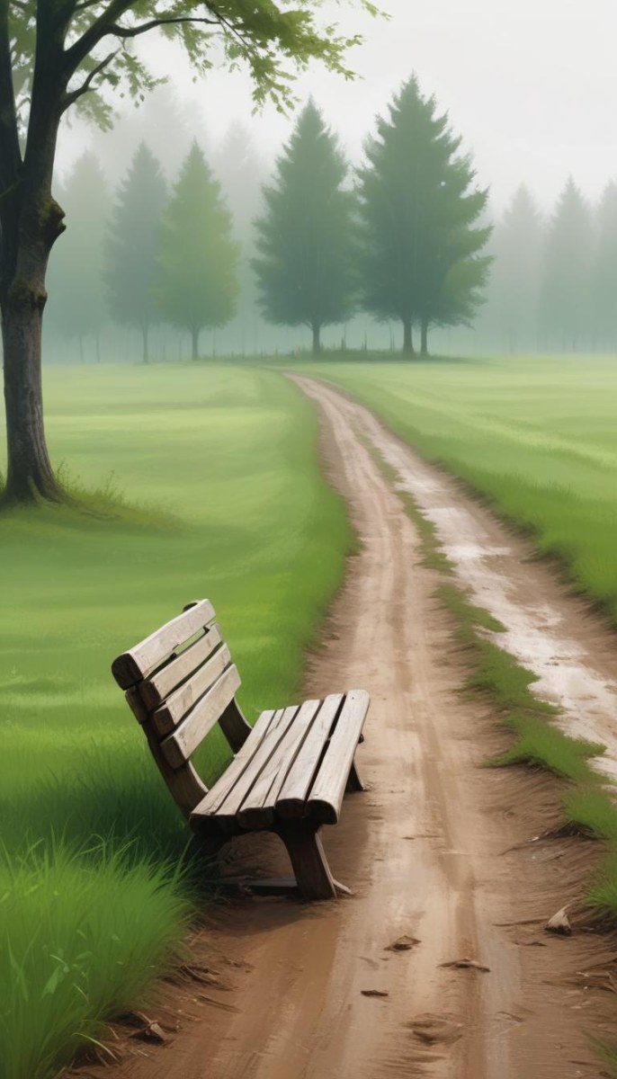 A Wooden Bench On A Green Field Next To A Dirt Road With Trees In The Background On A Foggy Day 8 E8fc