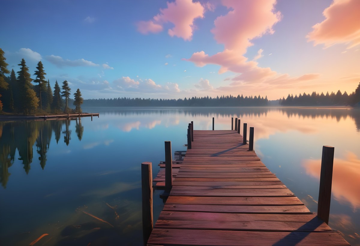 A Wooden Pier Stretches Out Into A Calm Lake The Sky Is A Mix Of Blue Orange And Pink Reflecting On The Water Trees Line The Shore In The Background 1 5c8a