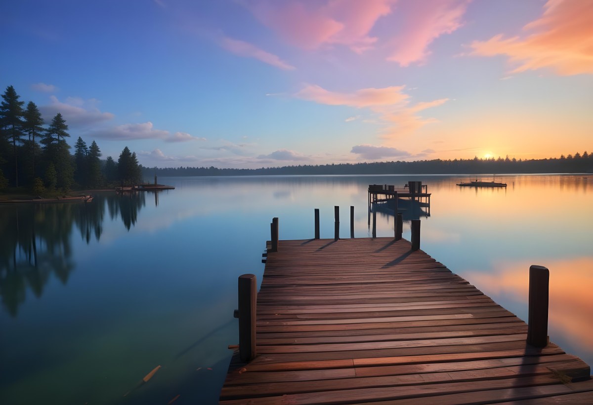 A Wooden Pier Stretches Out Into A Calm Lake The Sky Is A Mix Of Blue Orange And Pink Reflecting On The Water Trees Line The Shore In The Background 11 89d3