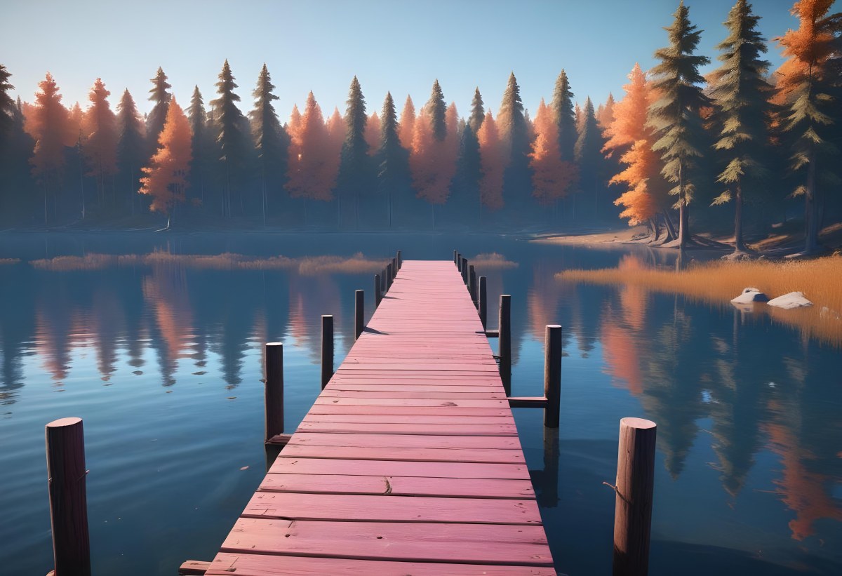 A Wooden Pier Stretches Out Into A Calm Lake The Sky Is A Mix Of Blue Orange And Pink Reflecting On The Water Trees Line The Shore In The Background 14 854c