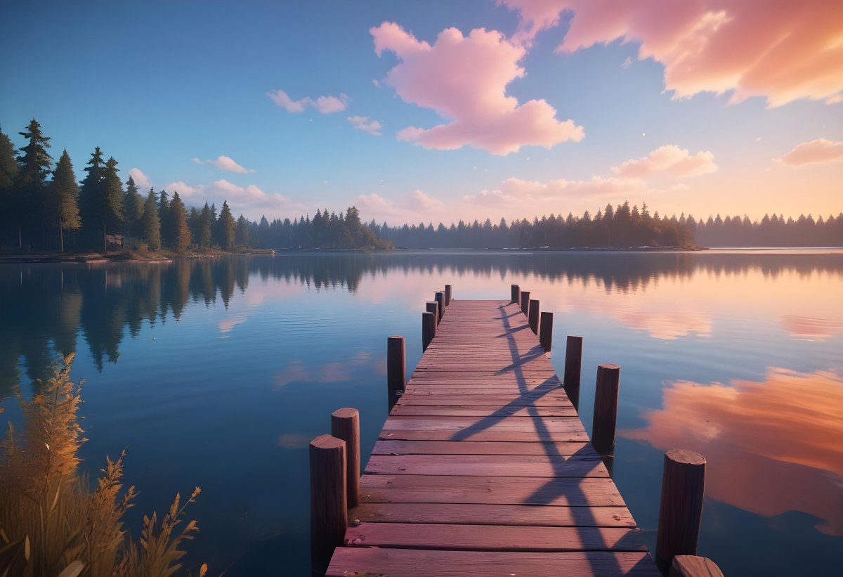 A Wooden Pier Stretches Out Into A Calm Lake The Sky Is A Mix Of Blue Orange And Pink Reflecting On The Water Trees Line The Shore In The Background 18 69e4