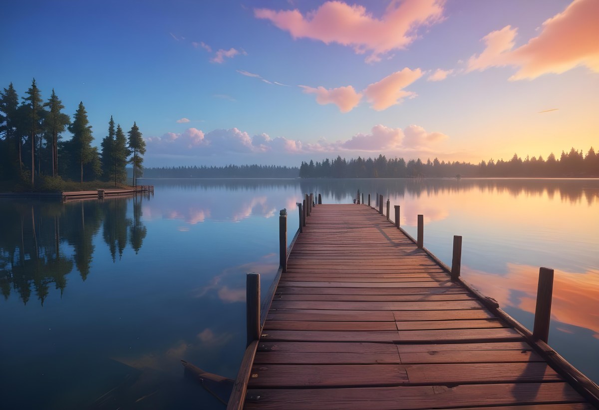 A Wooden Pier Stretches Out Into A Calm Lake The Sky Is A Mix Of Blue Orange And Pink Reflecting On The Water Trees Line The Shore In The Background 20 Fab4