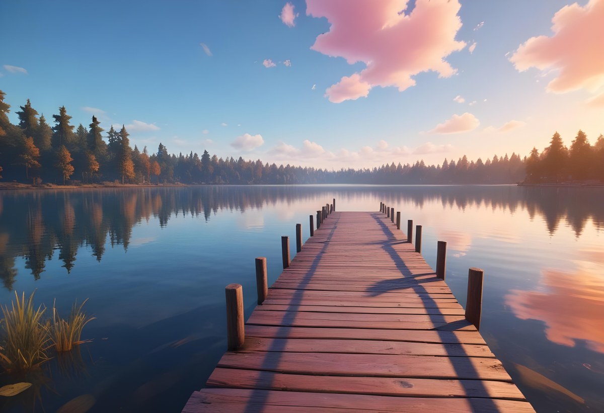 A Wooden Pier Stretches Out Into A Calm Lake The Sky Is A Mix Of Blue Orange And Pink Reflecting On The Water Trees Line The Shore In The Background 23 70c3