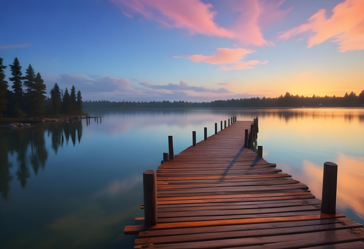 A Wooden Pier Stretches Out Into A Calm Lake The Sky Is A Mix Of Blue Orange And Pink Reflecting On The Water Trees Line The Shore In The Background 24 4693