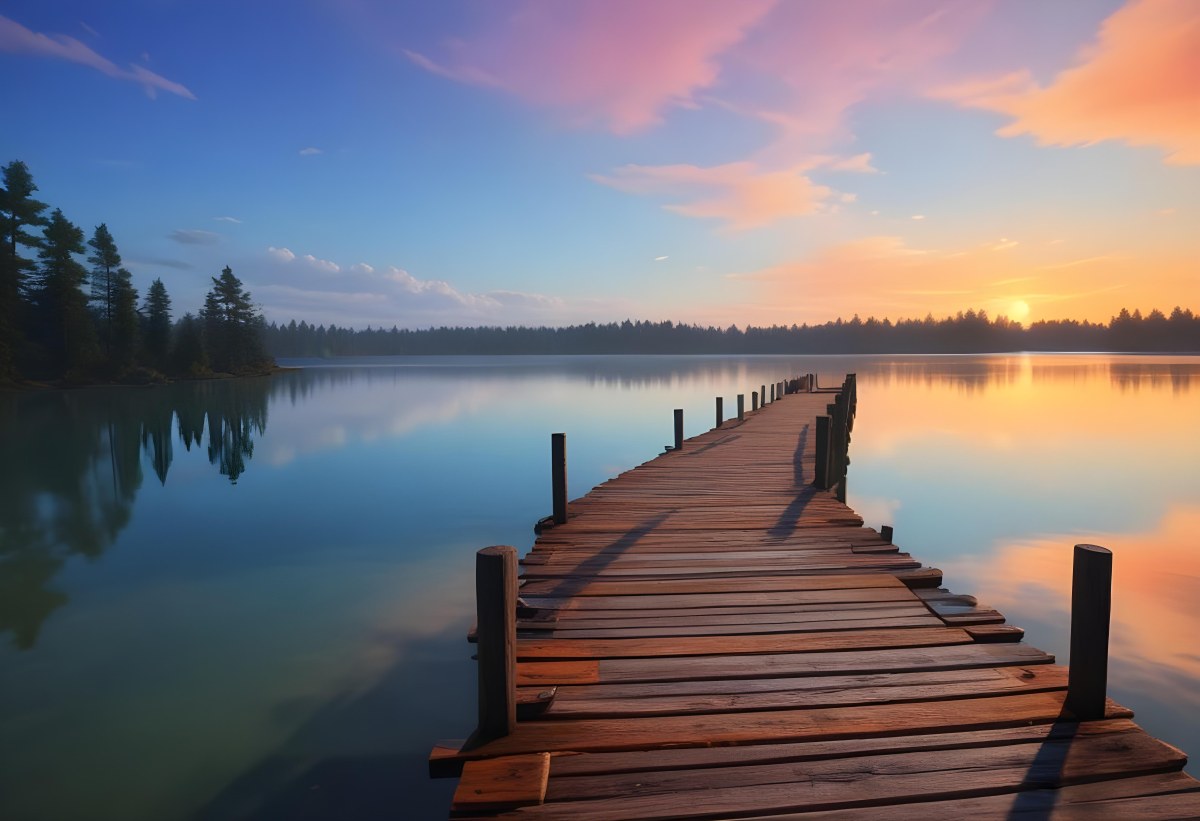 A Wooden Pier Stretches Out Into A Calm Lake The Sky Is A Mix Of Blue Orange And Pink Reflecting On The Water Trees Line The Shore In The Background 3 1a5a