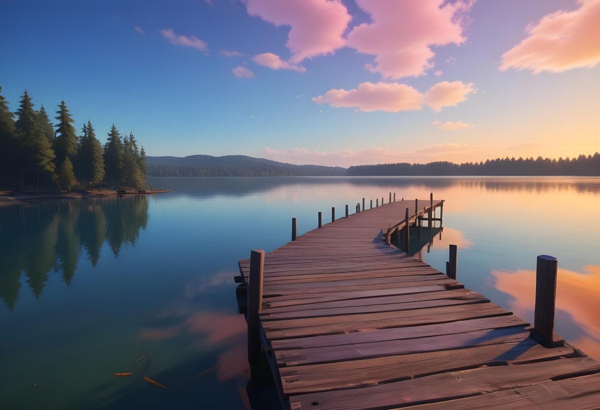 A Wooden Pier Stretches Out Into A Calm Lake The Sky Is A Mix Of Blue Orange And Pink Reflecting On The Water Trees Line The Shore In The Background 4 8165