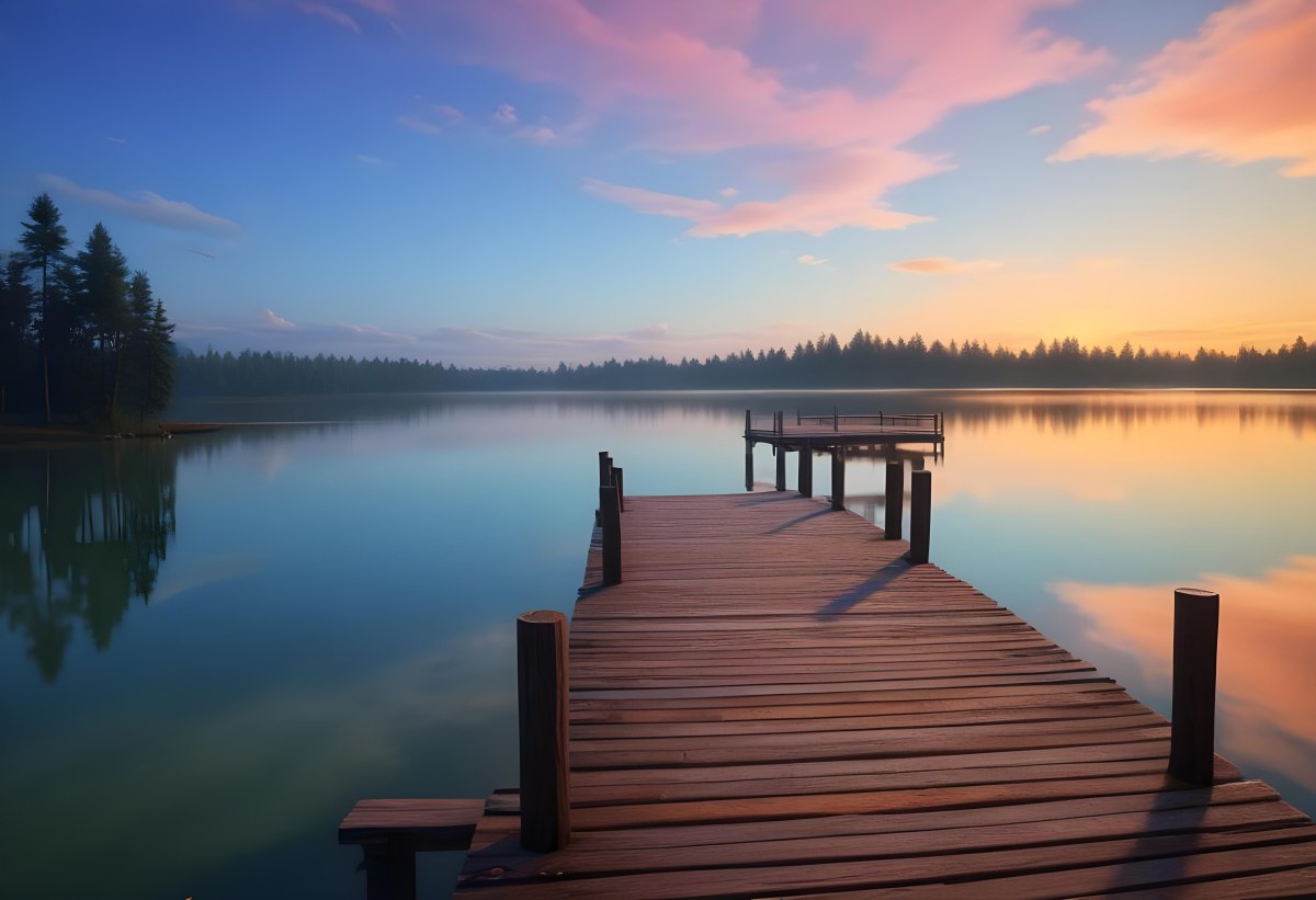 A Wooden Pier Stretches Out Into A Calm Lake The Sky Is A Mix Of Blue Orange And Pink Reflecting On The Water Trees Line The Shore In The Background 5 9294