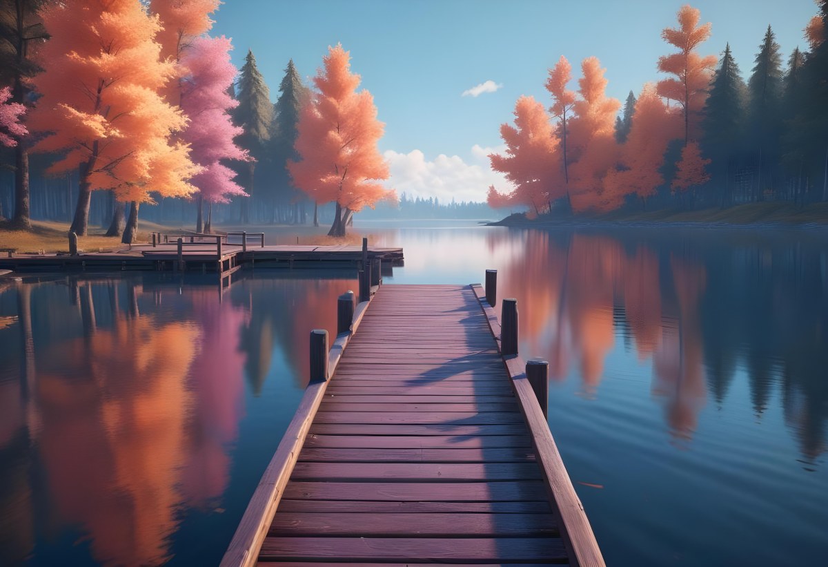 A Wooden Pier Stretches Out Into A Calm Lake The Sky Is A Mix Of Blue Orange And Pink Reflecting On The Water Trees Line The Shore In The Background 6 96cf