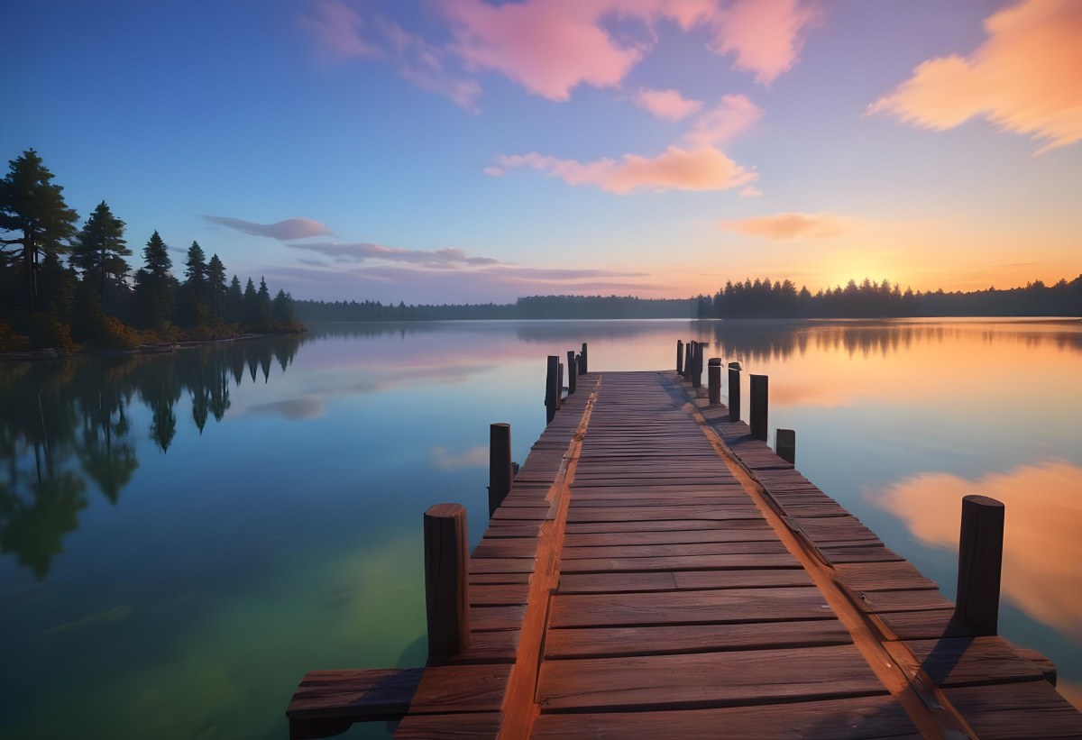 A Wooden Pier Stretches Out Into A Calm Lake The Sky Is A Mix Of Blue Orange And Pink Reflecting On The Water Trees Line The Shore In The Background 7 7da9