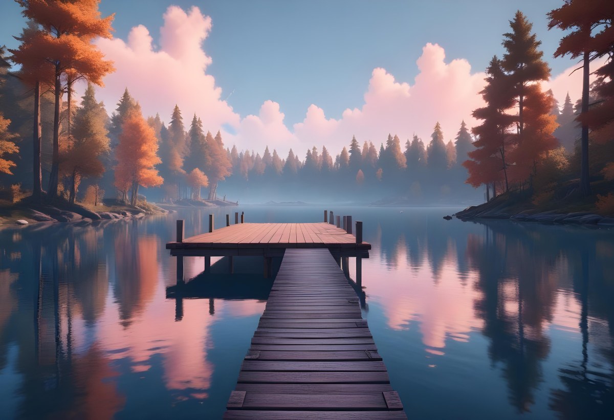 A Wooden Pier Stretches Out Into A Calm Lake The Sky Is A Mix Of Blue Orange And Pink Reflecting On The Water Trees Line The Shore In The Background 8 729d