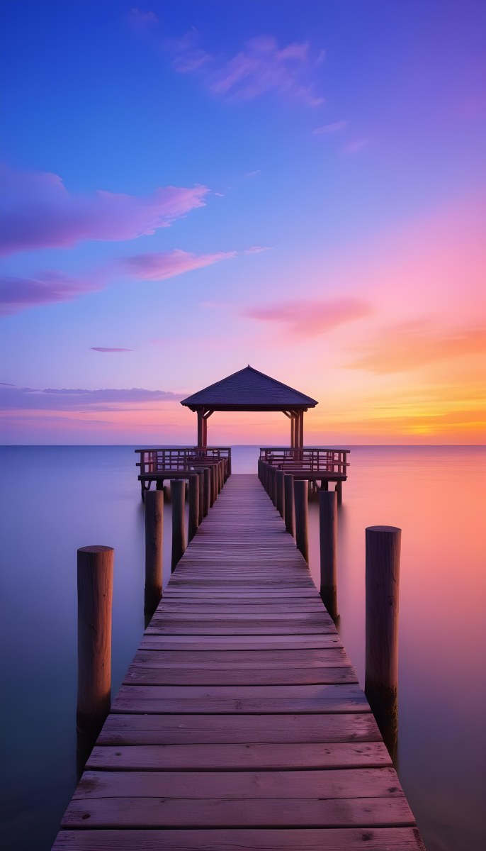 A Wooden Pier With A Roof Over The Ocean At Sunset The Sky Is A Mix Of Pink Purple And Orange The Water Is Calm And Blue 12 3438