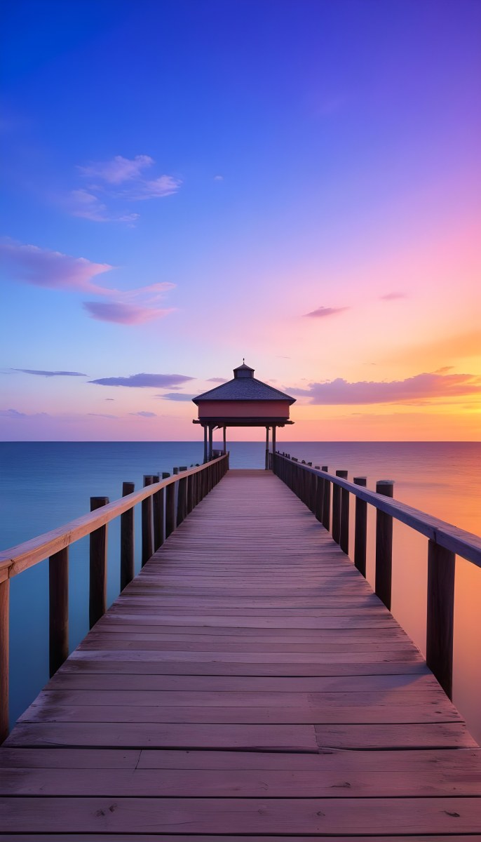 A Wooden Pier With A Roof Over The Ocean At Sunset The Sky Is A Mix Of Pink Purple And Orange The Water Is Calm And Blue 13 8c9e
