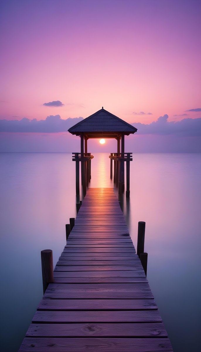 A Wooden Pier With A Roof Over The Ocean At Sunset The Sky Is A Mix Of Pink Purple And Orange The Water Is Calm And Blue 16 3149
