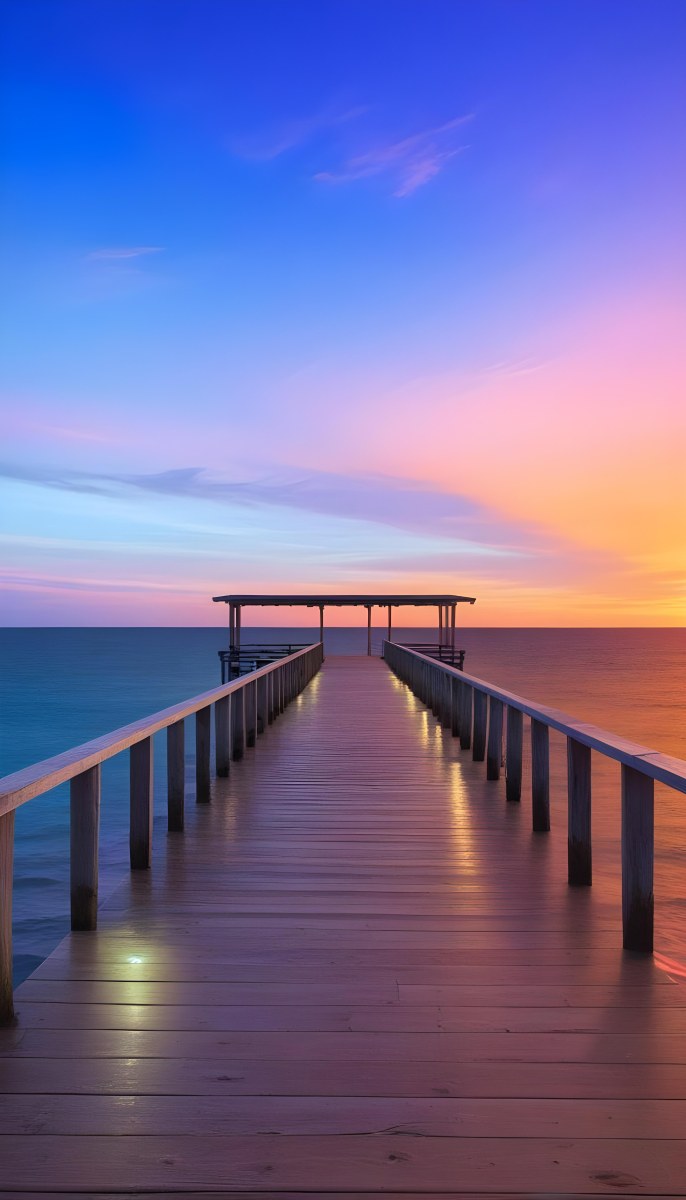 A Wooden Pier With A Roof Over The Ocean At Sunset The Sky Is A Mix Of Pink Purple And Orange The Water Is Calm And Blue 17 1a9e