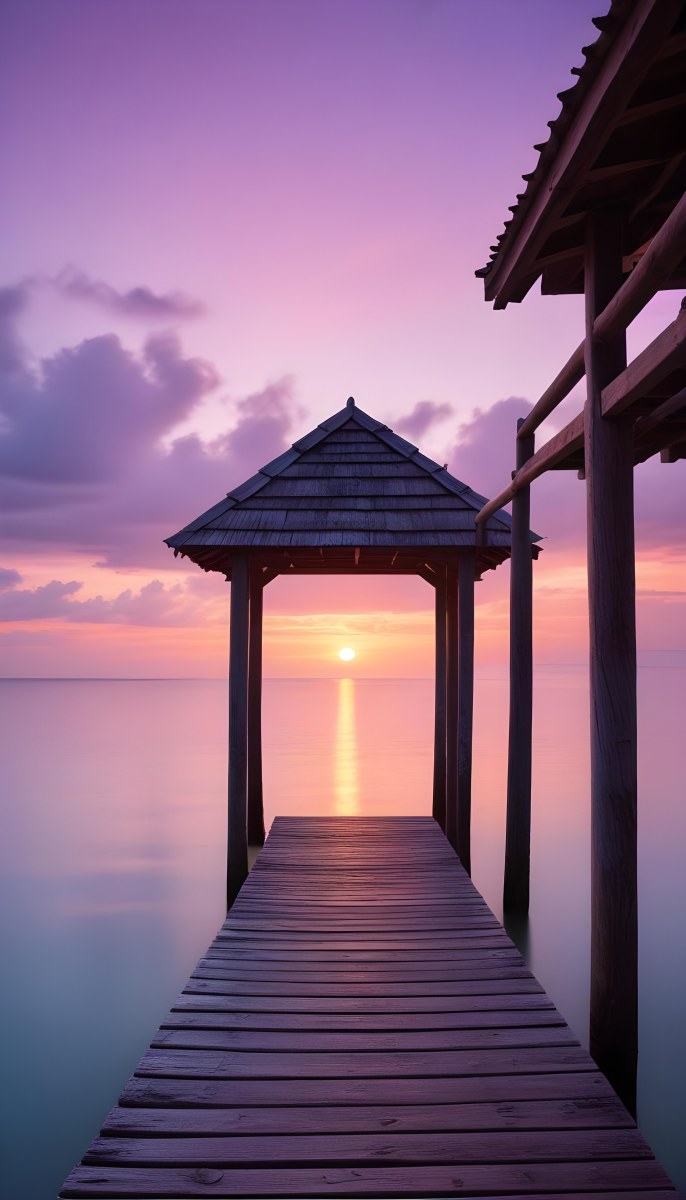 A Wooden Pier With A Roof Over The Ocean At Sunset The Sky Is A Mix Of Pink Purple And Orange The Water Is Calm And Blue 18 2b9f