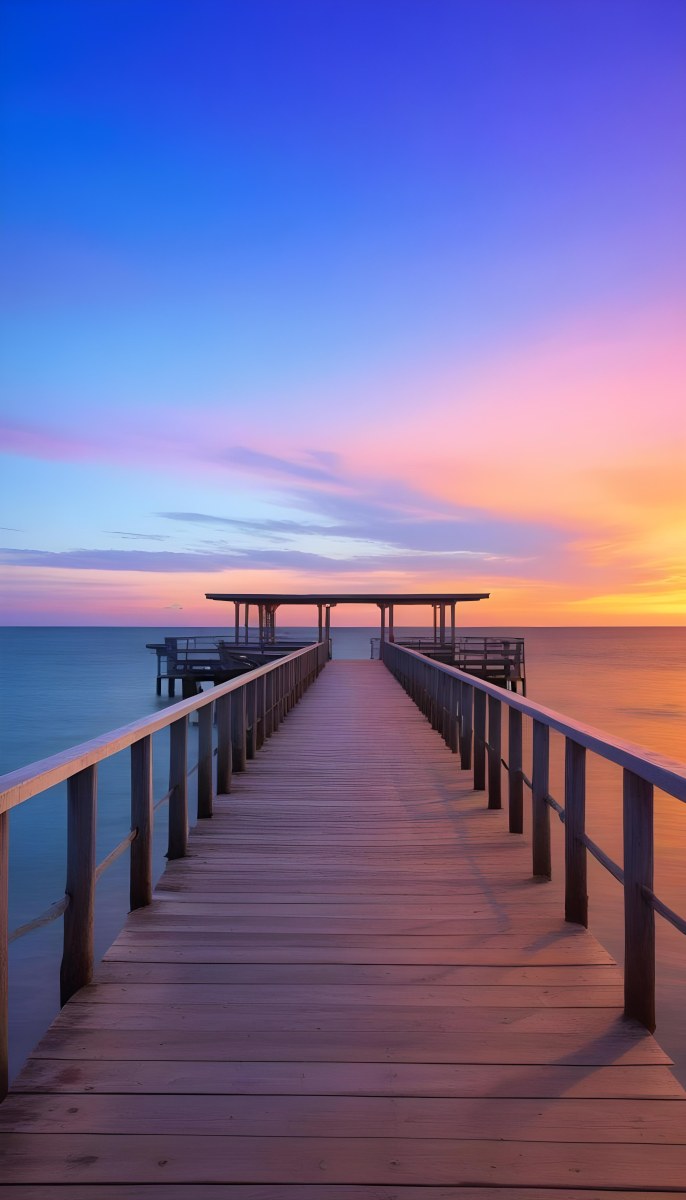A Wooden Pier With A Roof Over The Ocean At Sunset The Sky Is A Mix Of Pink Purple And Orange The Water Is Calm And Blue 21 8ddf