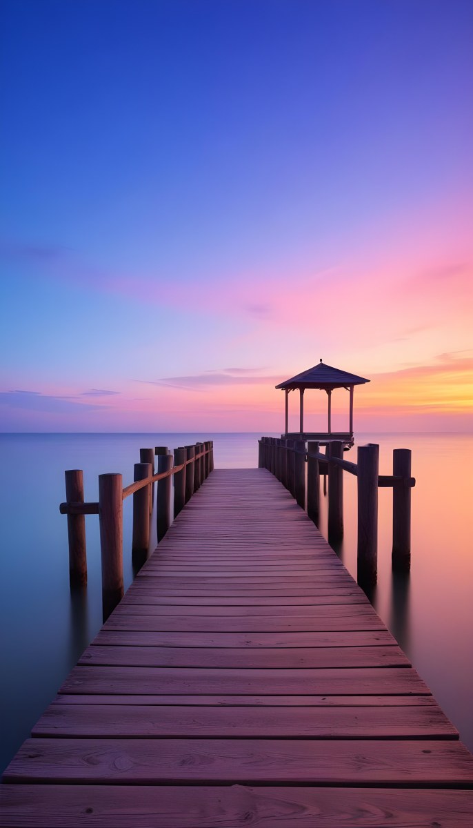 A Wooden Pier With A Roof Over The Ocean At Sunset The Sky Is A Mix Of Pink Purple And Orange The Water Is Calm And Blue 22 3e1c