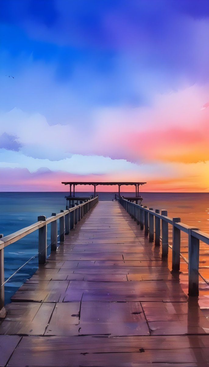 A Wooden Pier With A Roof Over The Ocean At Sunset The Sky Is A Mix Of Pink Purple And Orange The Water Is Calm And Blue 25 8740