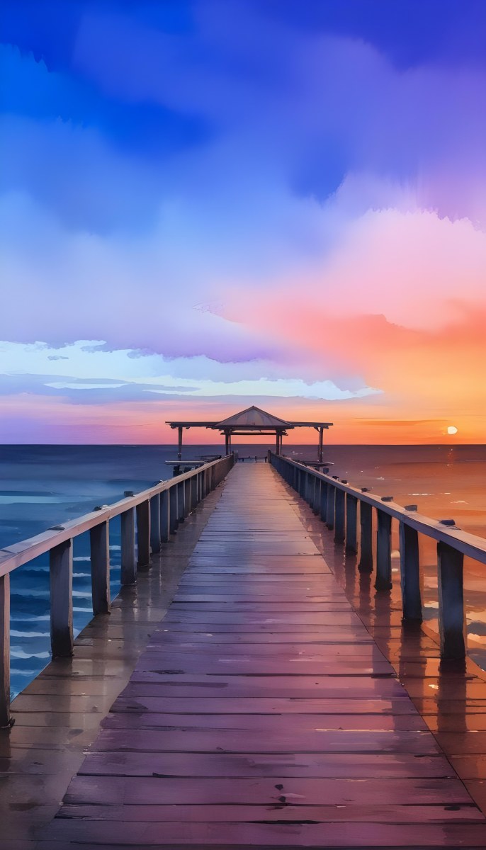 A Wooden Pier With A Roof Over The Ocean At Sunset The Sky Is A Mix Of Pink Purple And Orange The Water Is Calm And Blue 26 0982